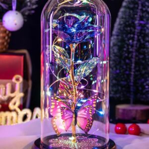 galaxy crystal light up rose in glass dome (purple) 🌹✨ | romantic valentine’s day gift for wife, girlfriend, mom & women | butterfly eternal rose lamp | birthday & anniversary gift