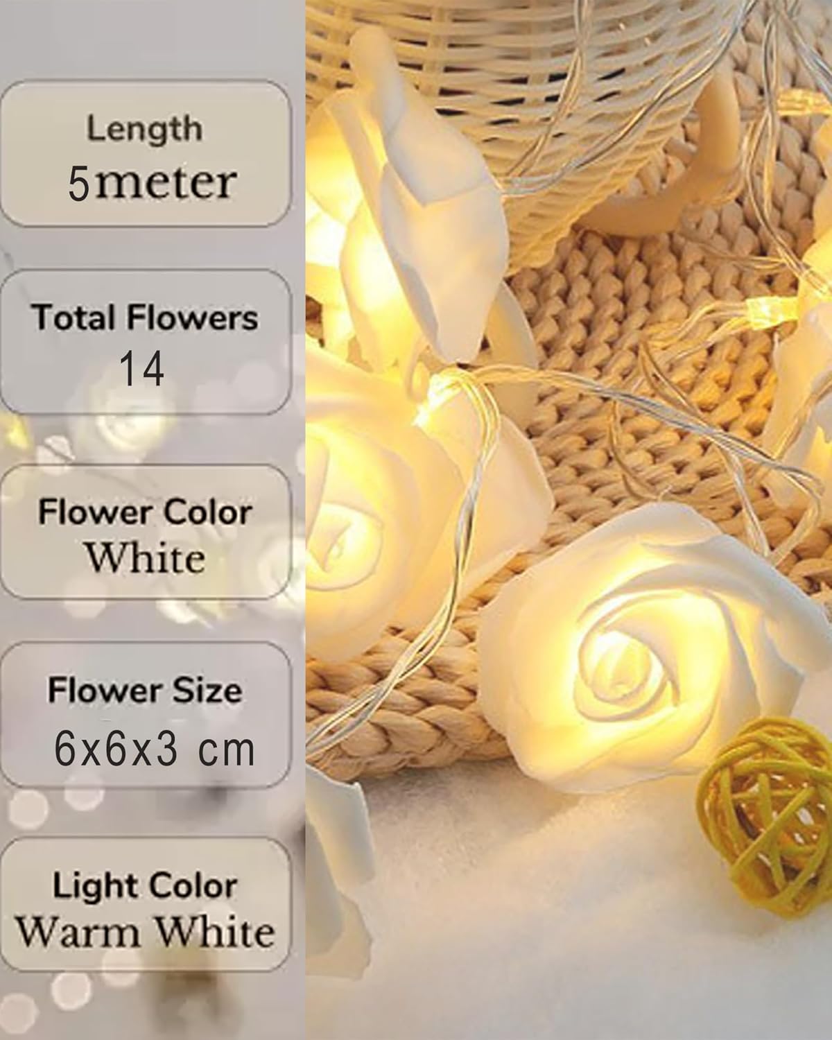 rose decorative fairy string lights 🌹✨ | 14 led warm white steady glow | 4m long white rose design with 2 pin plug | perfect for home & event décor rose decorative fairy string lights 🌹✨ | 14 led warm white steady glow | 4m long white rose design with 2 pin plug | perfect for home & event décor