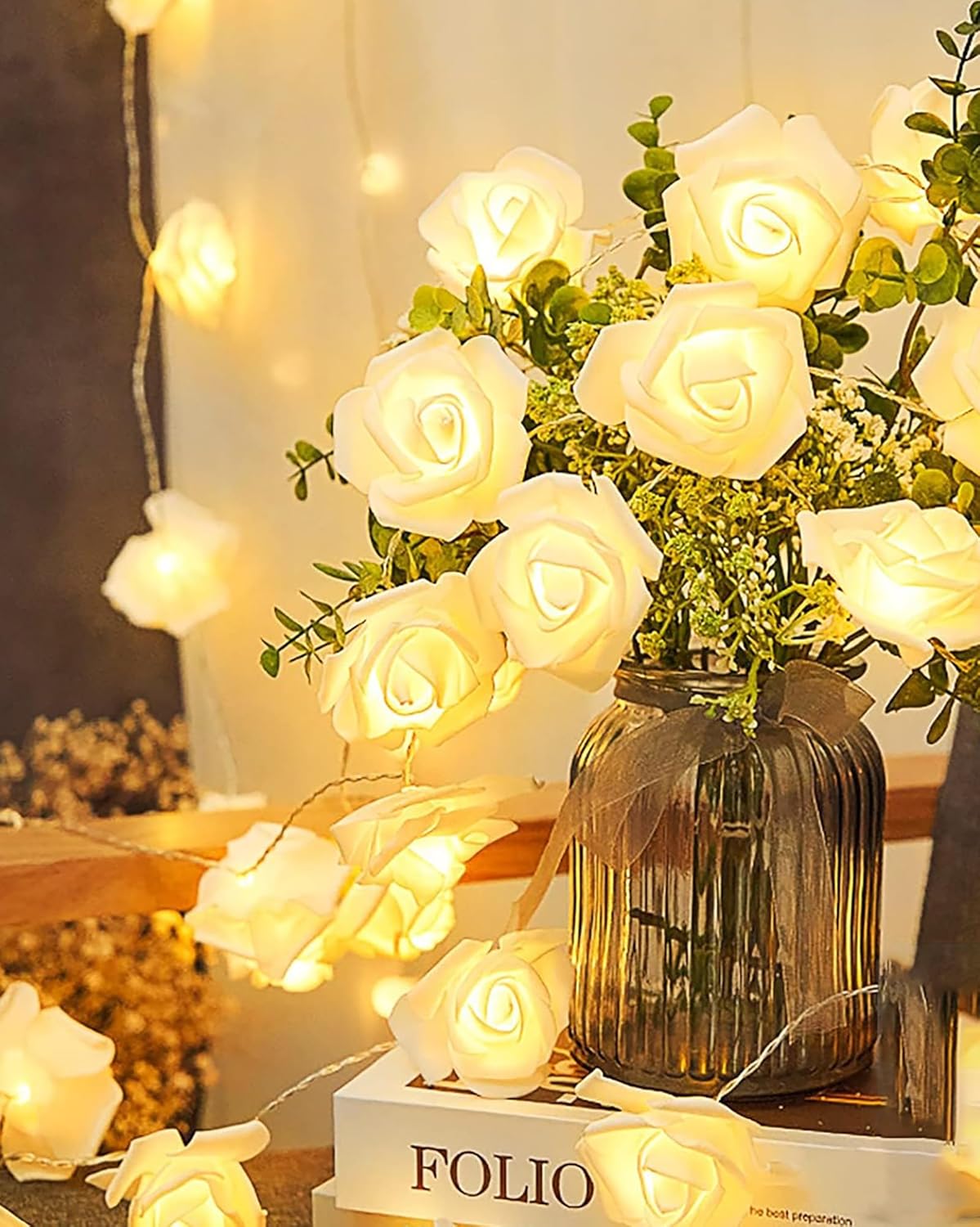rose decorative fairy string lights 🌹✨ | 14 led warm white steady glow | 4m long white rose design with 2 pin plug | perfect for home & event décor rose decorative fairy string lights 🌹✨ | 14 led warm white steady glow | 4m long white rose design with 2 pin plug | perfect for home & event décor